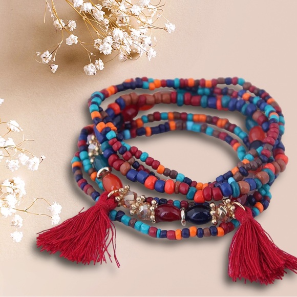 Bracelet Multi layer (6) Bead Tassel Boho Stretch Stackable - Picture 7 of 8